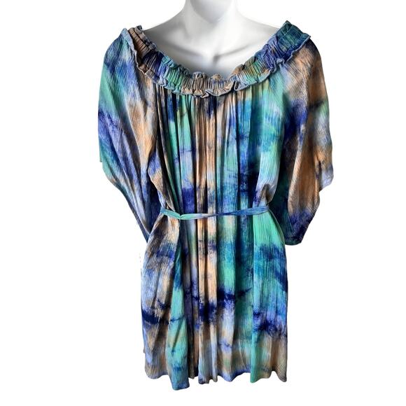 NEW Off Shoulder Tie Dye Dress Women Medium Tunic Blue Green Bell Sleeve Country - Picture 10 of 16